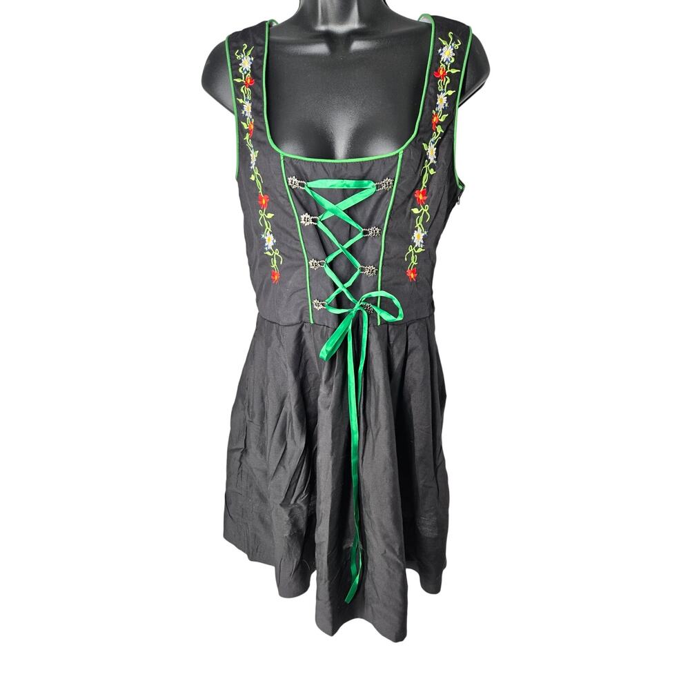 Drindl World Embroided Octoberfest Dress Black Lace Up German Folk Womens 6